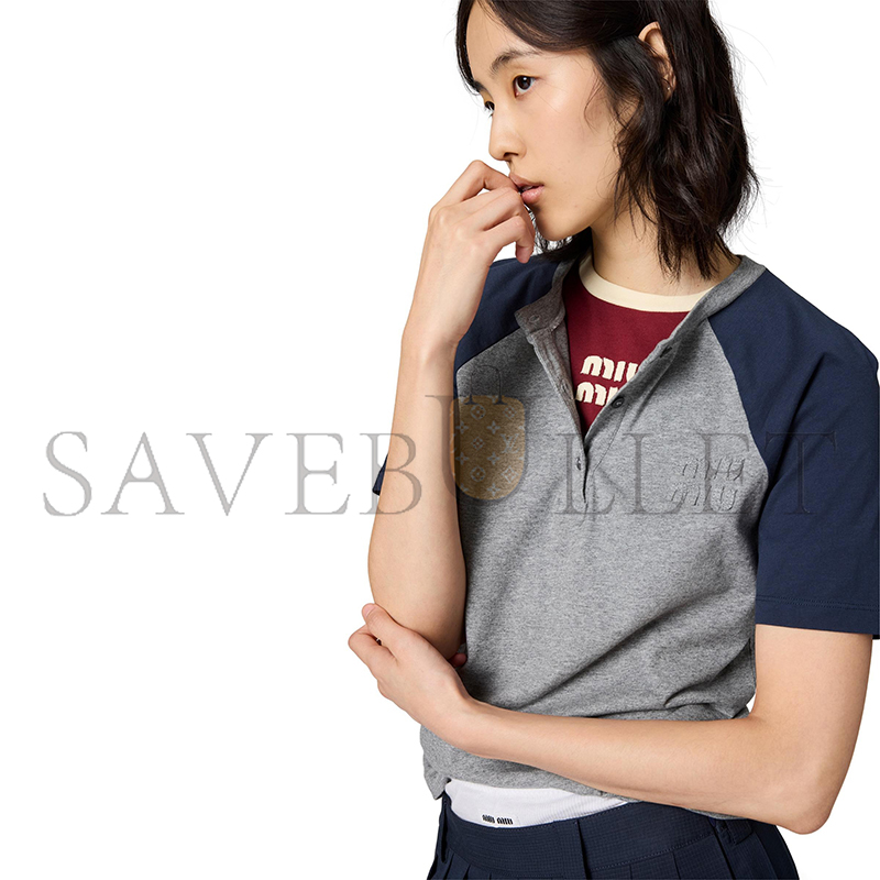 MIU MIU COTTON PLAIN KNIT HENLEY SWEATER MJNA18